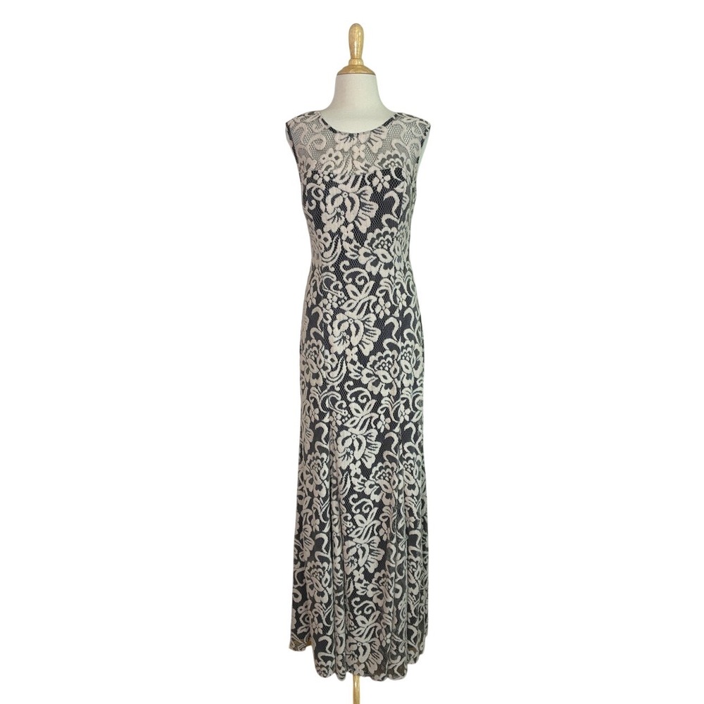 BETSY & ADAM Size 8 Black Beige Lace Illusion Sleeveless Mermaid‎ Evening Gown